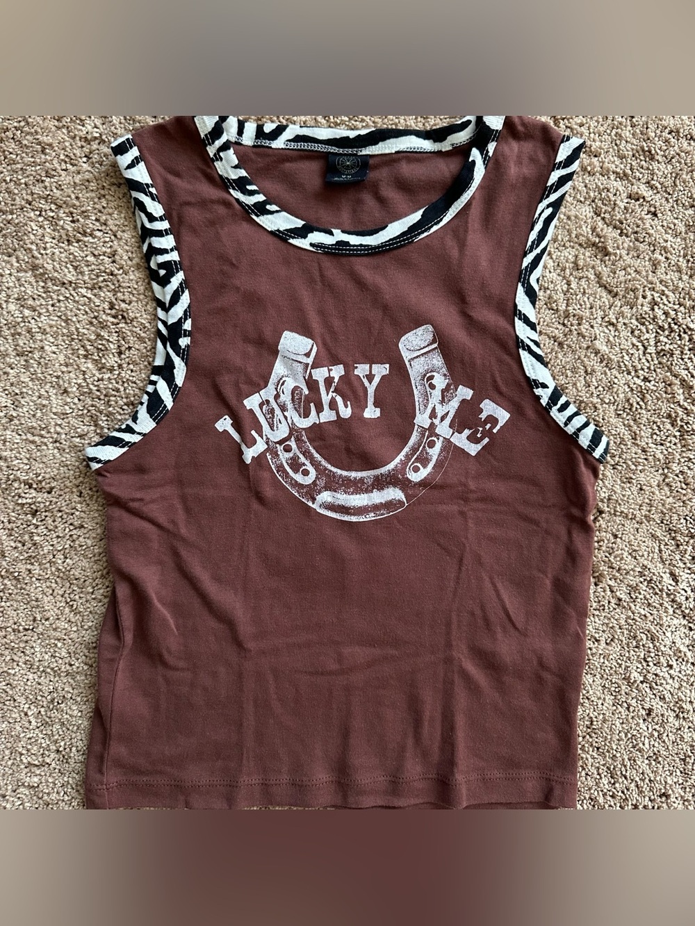 Women’s Urban Outfitters Lucky Me Brown Sleeveless Graphic Tank with Zebra Trim